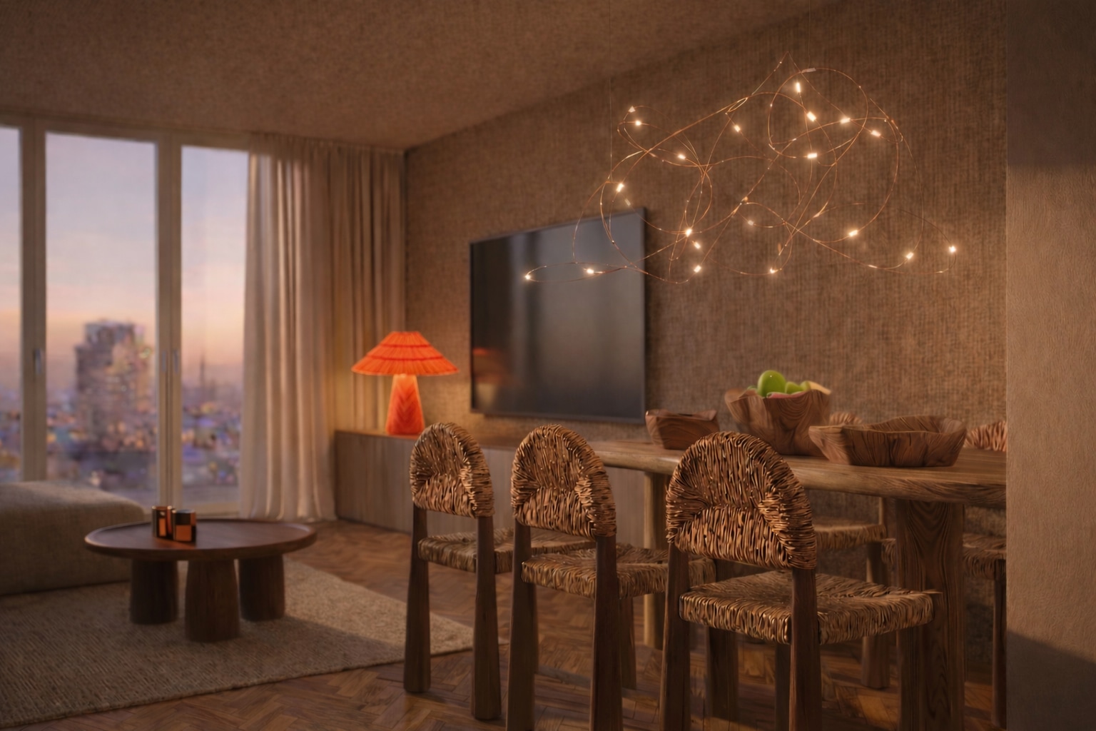 Living Room, warm avondinterieur met city view