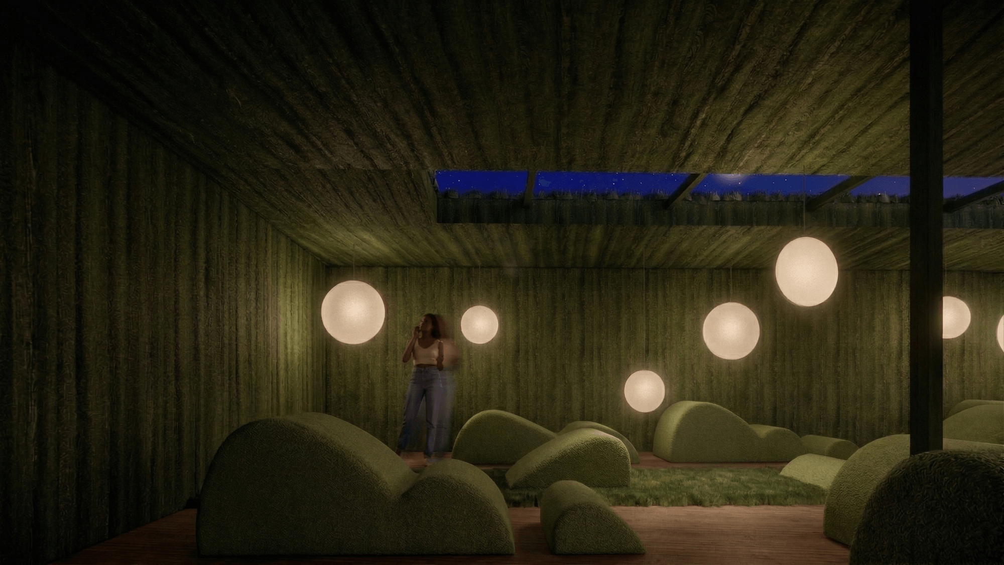 Urban Sky Retreat, Interieur met lichtbollen en organische vormen